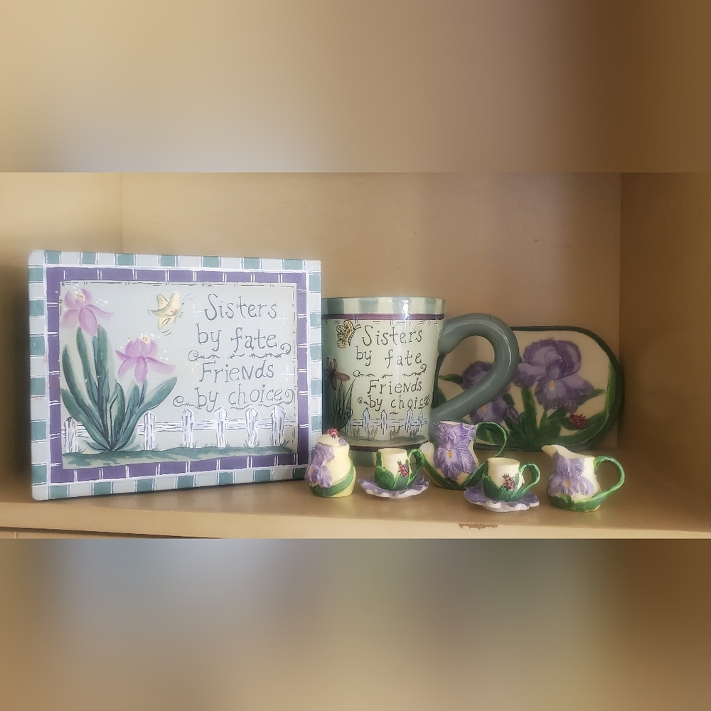 Source Unknown Purple and Green Sister Friends Tea Set Wall Plaque